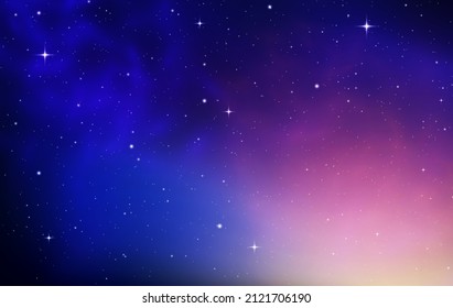 Space background with realistic violet nebula and shining star. Colorful space with stardust in deep universe. Swirling galaxy and stars in dark blue and purple sky. Vector illustration.