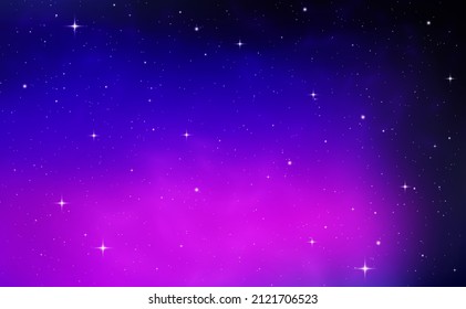 Space background with realistic violet nebula and shining star. Colorful space with stardust in deep universe. Swirling galaxy and stars in dark blue and purple sky. Vector illustration.