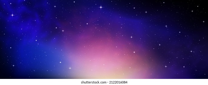 Space background with realistic violet nebula and shining star. Colorful space with stardust in deep universe. Swirling galaxy and stars in dark blue and purple sky. Vector illustration.