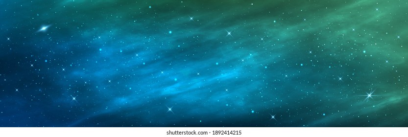 Space background. Realistic wide cosmos poster. Green galaxy with shining stars. Abstract starry nebula with bright stardust. Blue cosmic wallpaper. Vector illustration.