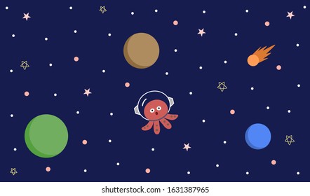 Space background, with a red octopus wearing a space mask,Stars and blue sky