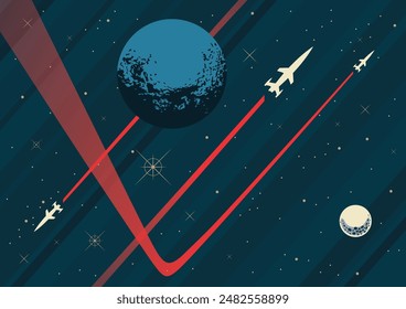 Fondo del espacio, Cohetes retro del estilo del futuro. Planetas, estrellas, nebulosas. Plantilla de pósters cósmicos, ilustración de espacio de Vector colorido 