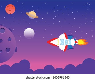Space background with rocket flies to the planet,vector flat design.