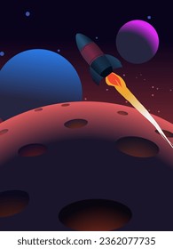 Space background with rocket flying over the moon