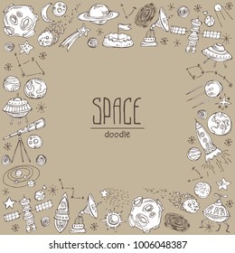 Space background with space rocket, satellite, planet, asteroid, spaceship, star, telescope, constellation, comet. Hand drawn vector doodles illustration