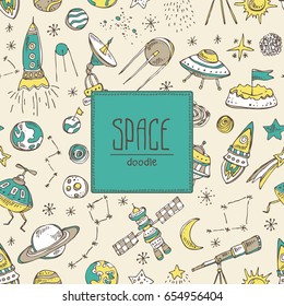 Space background with space rocket, satellite, planet, asteroid, spaceship, star, telescope, constellation, comet. Hand drawn vector doodles illustration
