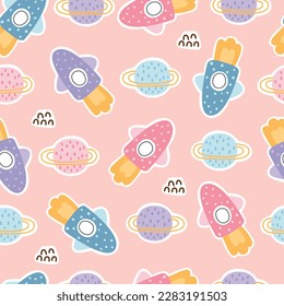 Space background with rockets and planets, seamless vector patterns in cartoon style. Designs used for newborn apparel, textiles, and wallpaper