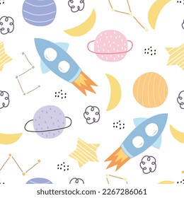 Space background with rockets and stars, seamless vector pattern in cartoon style. Used for printing, baby clothes pattern.
