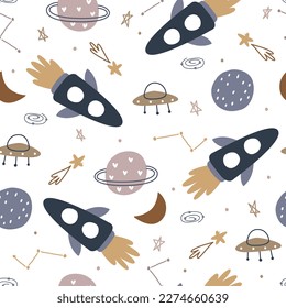 Space background with rockets and stars, seamless vector patterns in cartoon style. Used for newborn apparel, textiles, and wallpaper vector illustration