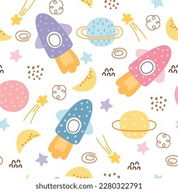Space background with rockets and stars, seamless vector patterns in cartoon style. Designs used for newborn apparel, textiles, and wallpaper