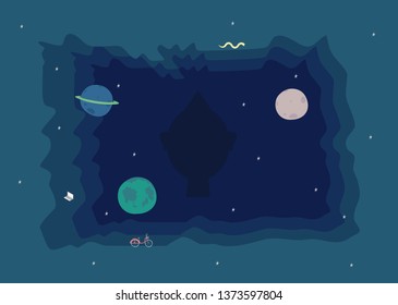 space background with Saturn Jupiter the Earth stars bicycle notebook snake and Buddha statue in the middle on illustration vector