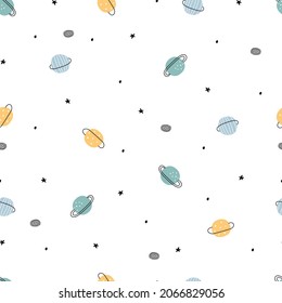 Space background seamless pattern for kids Cartoon style design. Use for prints, wallpaper, decorations, textiles, vector illustrations.