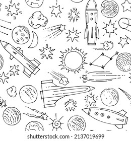 Space background. Seamless pattern. Planets and stars. Beautiful space object. Simple doodle drawing in childish style. Outline sketch. Hand drawing isolated on white Vector.