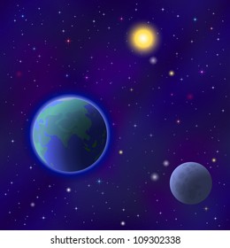 Fundo do espaço sem emenda - planeta Terra, lua, sol e estrelas. Vetor eps10, contém transparências