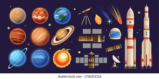 Space background set with isolated essential elements with colourful planets stars orbital stations infrastructure and rockets vector illustration