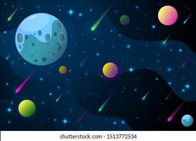 Space background with shining stars, comets and planets. Vector illustration.