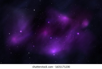 Space background with shining stars and realistic nebula. Colorful universe with stardust. Bright starry galaxy. Magic cosmos with milky way. Cosmic backdrop. Vector illustration.