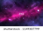Space background with shining stars, stardust and nebula. Realistic cosmos. Colorful galaxy with milky way and planet. Vector illustration.