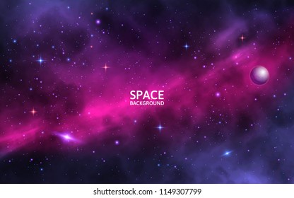 Space Background With Shining Stars, Stardust And Nebula. Realistic Cosmos. Colorful Galaxy With Milky Way And Planet. Vector Illustration.