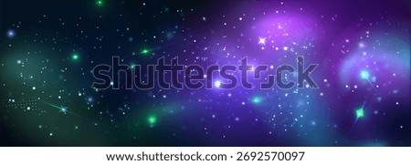 Space background with shiny stars and nebula. Vector realistic illustration of abstract night sky with shiny constellations, neon green, blue and pink gradient stardust, sparkling cosmic galaxy