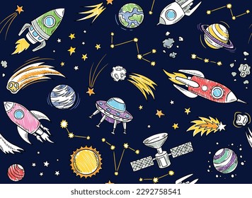 Fondo espacial con lanzaderas. OVNI, satélites y cohetes cerca de estrellas y planetas. Galaxias y universos dibujados a mano, cosmos y espacio exterior. Patrón sin foco. Dibujo vectorial plano de dibujos animados