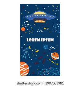 Space background for social media stories. Blue banner with elements of the universe. Planets, stars and the milky way, flying saucer, telescope and ufo. Colorful vector illustration hand drawn