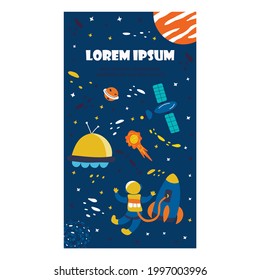 Space background for social media stories. Blue banner with elements of the universe. Planets, milky way, flying saucer, telescope and ufo, cosmonaut and rocket.Colorful vector illustration hand drawn