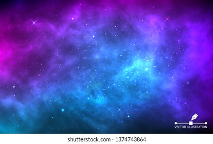 Space background with stardust and shining stars. Realistic colorful cosmos with nebula and milky way. Blue galaxy backdrop. Beautiful outer space. Infinite universe. Vector illustration.