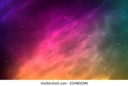 Space background with stardust and shining stars. Realistic cosmos and color nebula. Planet and milky way. Colorful galaxy. Bright cosmic backdrop. Vector illustration.