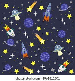 space background with stars, comets, planets, rockets and ufo