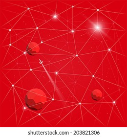 Space background with stars net, planets and spaceship. Vector illustration, easy editable.