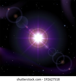 Space background with stars and shining sun, illustration.