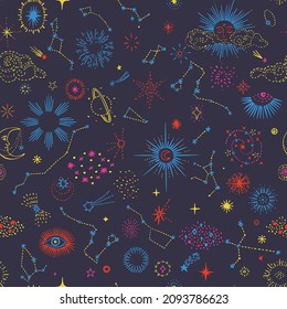 Space background. Stellar seamless pattern with stars, zodiac, constellations, sun, planets, comets and moon. Freehand drawing. Line drawing, sketch style.
