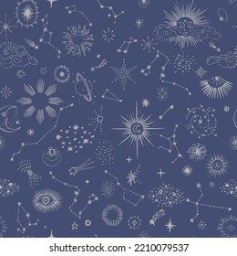 Space background. Stellar seamless pattern with stars, zodiac, constellations, sun, planets, comets and moon. Freehand drawing. Line drawing, sketch style.