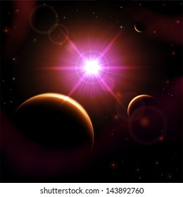 Space background with sun and planet, illustration.