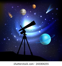 Space background with telescope planets comets and stars vector illustration