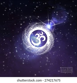 Space background (texture). Twinkling stars, flash light. Yoga logo - the universe