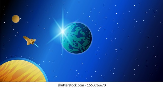 Space background: three planets and a flying spaceship. The light of the stars, the solar system. Vector illustration for a card, banner.