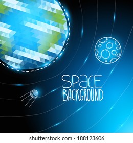 Space background with triangle Earth globe and doodle moon