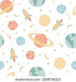Space Background for unisex Kids. Vector Seamless Pattern with Rockets, Planets, Stars, Comets and UFOs.