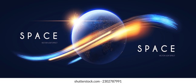 Space background. Universe, Earth planet and motion light. Futuristic design