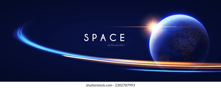 Space background. Universe, Earth planet and motion light. Futuristic design