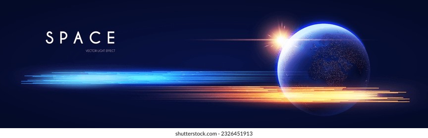 Space background. Universe, Earth planet and motion light. Futuristic design