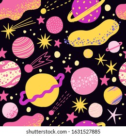 Space background vector. Childish seamless pattern with planets, stars and asteroids. Vector childish pattern for fabric, textile, nursery wallpaper,wrapping paper, packaging design, texture design.