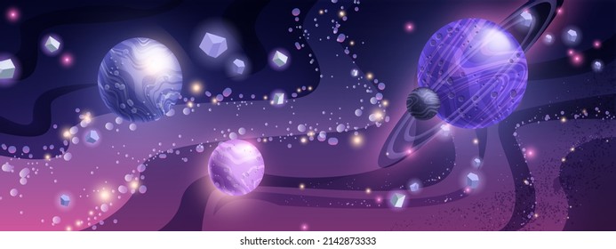 Space Background, Vector Galaxy Universe Cartoon Game Banner, Alien Planets, Stardust, Cosmic Rocks. Fantasy Neon Astronomy Illustration, Night Sky, Purple Futuristic Wallpaper. Space Background