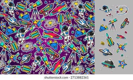 Ilustración vectorial de fondo de espacio en un estilo de graffiti. Patrón de tema de espacio colorido