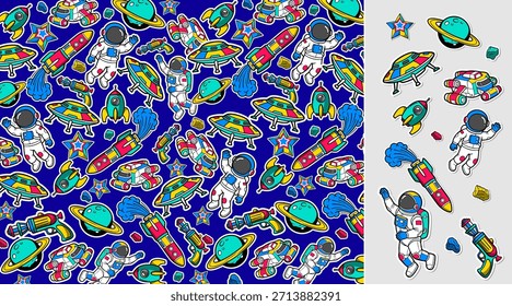 Ilustración vectorial de fondo de espacio en un estilo de graffiti. Patrón de tema de espacio colorido