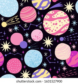 Space background vector for kids. Childish seamless pattern with planets, stars and asteroids. Hand drawn overlapping background for your design. Vector pattern for fabric, textile, nursery wallpaper.