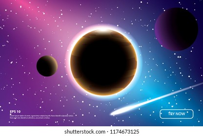 space background vector. Red and blue sky with planets and meteor.