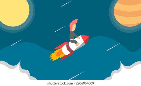 Space Background Vector. There Are Rocket, Jupiter, Sun And People.